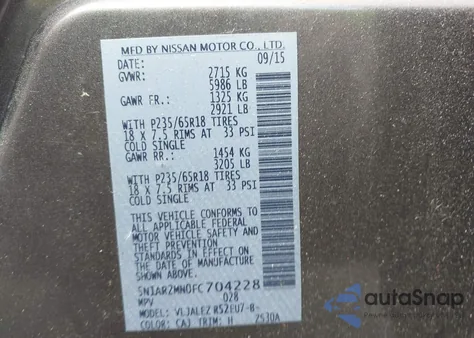 2015 Nissan Pathfinder Sv from USA, damaged, VIN 5N1AR2MN0FC704228